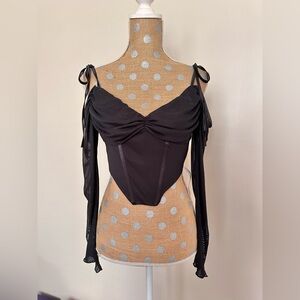 Parthea Tie Shoulder Corset Mesh Crop Top Black